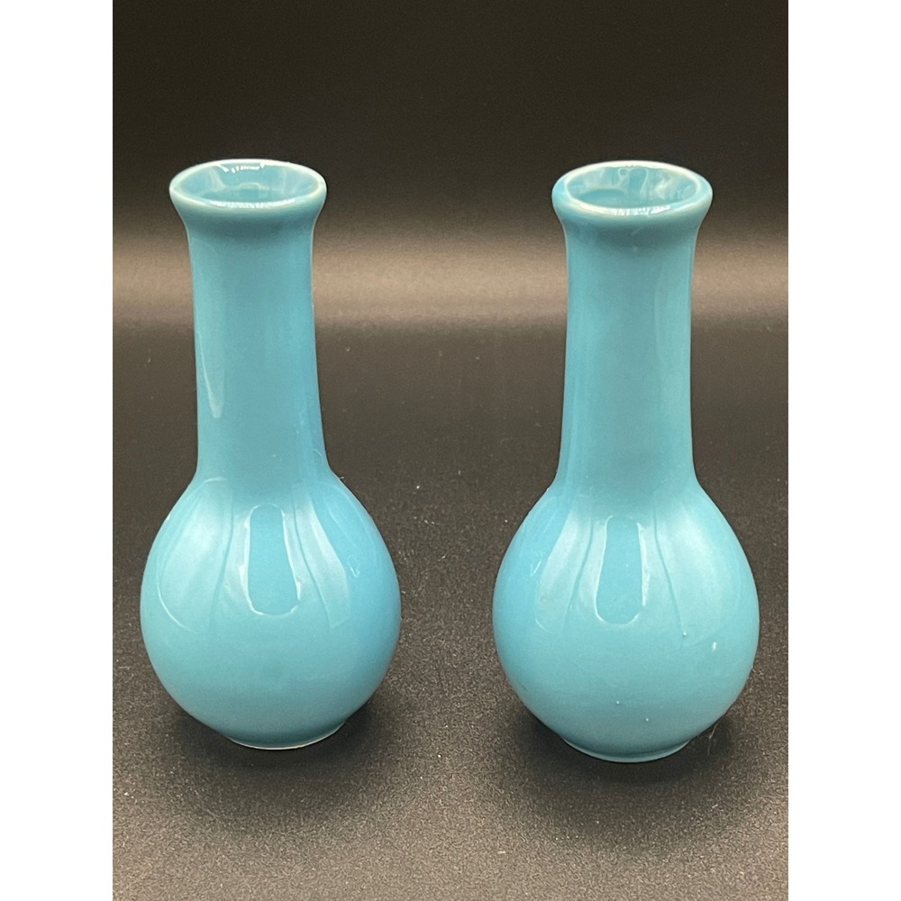 Set of 2 Turquoise Blue Ceramic Miniature Bud Vases Glossy Bulbous Base 5.25"